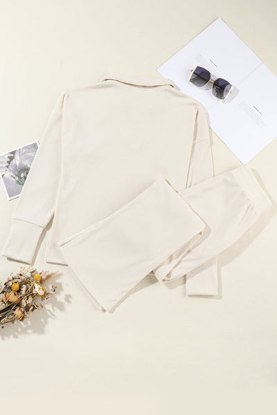 Women's Beige Ribbed Knit Two-Piece Polo Set and Wide-Leg Pants with practical styling and dependable silhouette control.
