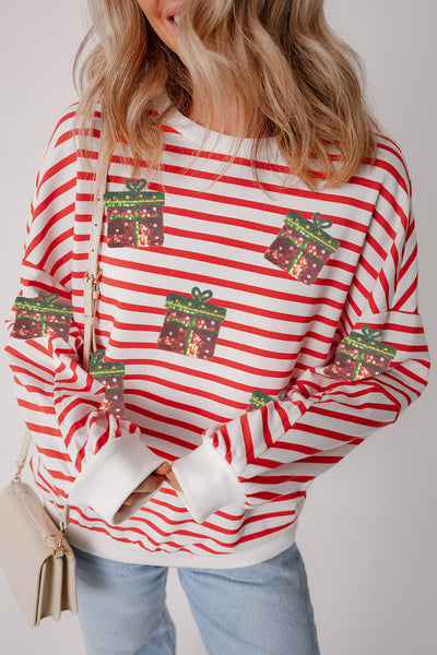 Women's Sequin Gift Box Striped Holiday Sweatshirt