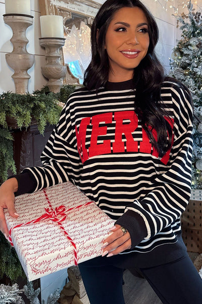 Women's Casual Red Drop Shoulder Sweatshirt with Merry Block Letters and Black Stripes - Comfortable Everyday Style