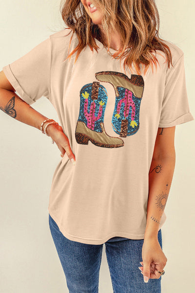 Khaki Sequin Embellished Western Boots & Graphic Tee Combo