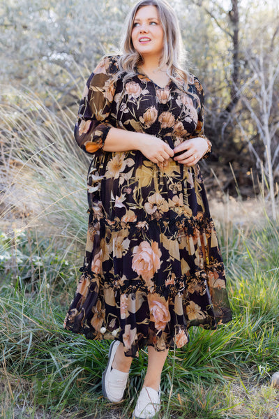 Plus Size Women's Black Floral Tiered Ruffle Dress with Smocked Bust and Elegant 3/4 Sleeves