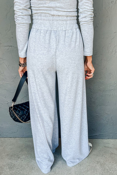 Women's Light Grey Long Sleeve High Neck Top & Smocked Waist Pants Set - Chic Slim Fit Outfit for Effortless Style