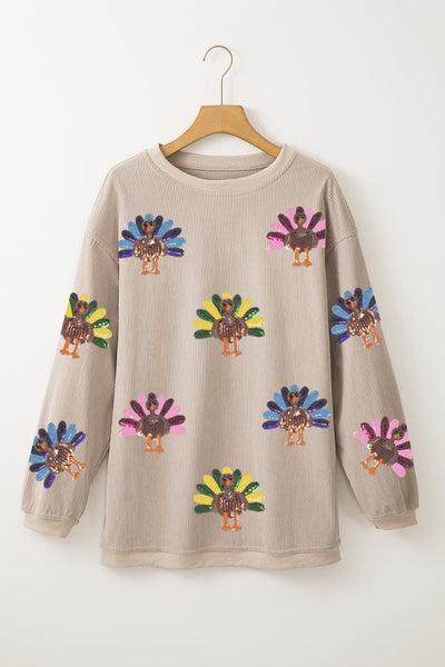 Women's Sequin Turkey Corded Oversized Sweatshirt in Smoke Gray made for easy styling and wardrobe coordination, with premium-like structure and