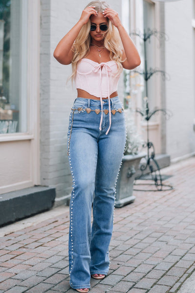 Women's Dusk Blue Pearl Boot Cut Denim Jeans in Jeans