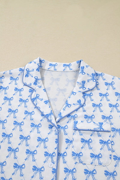 Soft Sky Blue Bow Print Long Sleeve Pajama Set for Women - Cozy Sleepwear Top and Bottom for Ultimate Comfort
