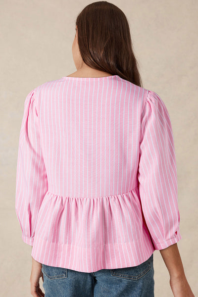 Trendy Women's Pink Striped Puff Sleeve Blouse with Bowknot Detail - Chic Crew Neck Top for Stylish Casual Looks