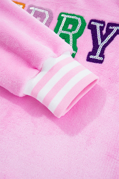 Women's Sachet Pink Chenille MERRY Sequin Graphic Pullover