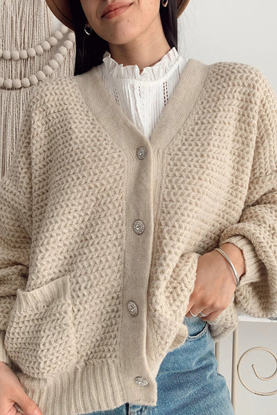 Chic Women's V-Neck Parchment Textured Knit Cardigan with Button Front and Side Pockets for Effortless Style and Comfort