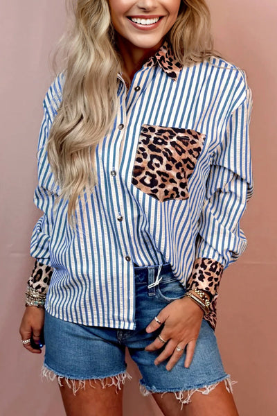 women's sky blue striped button-up with leopard patchwork made for easy styling and wardrobe coordination, with premium-like structure and finish.