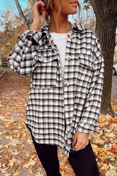 Stylish Oversized Women's Black Plaid Shacket Tunic with Button Details and Chest Pockets for Effortless Casual Chic
