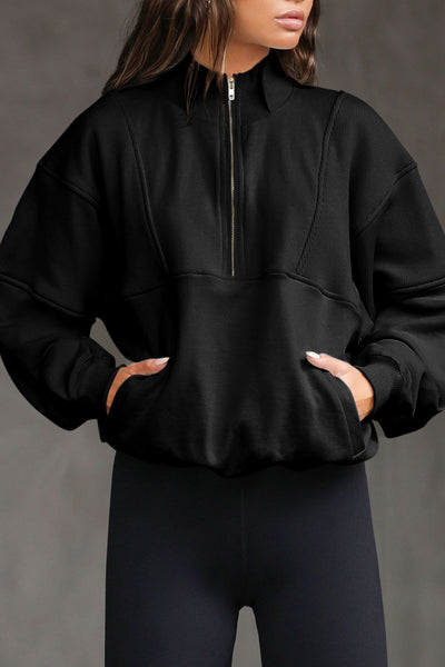Women's Oversized Black Half-Zip Sweatshirt with Ribbed Texture