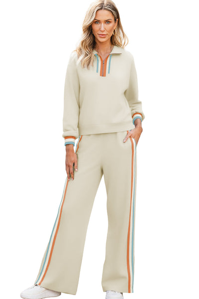 Women's Apricot Striped Quarter Zip Pullover and Relaxed Fit Pants Set - Chic and Cozy Loungewear Ensemble