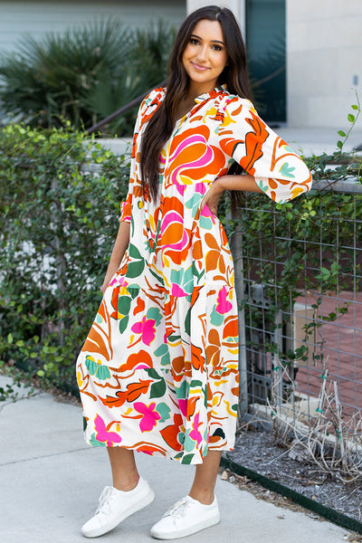 Boho Chic Women's Orange Floral Split V-Neck Tiered Maxi Dress for Effortless Summer Elegance and Comfort