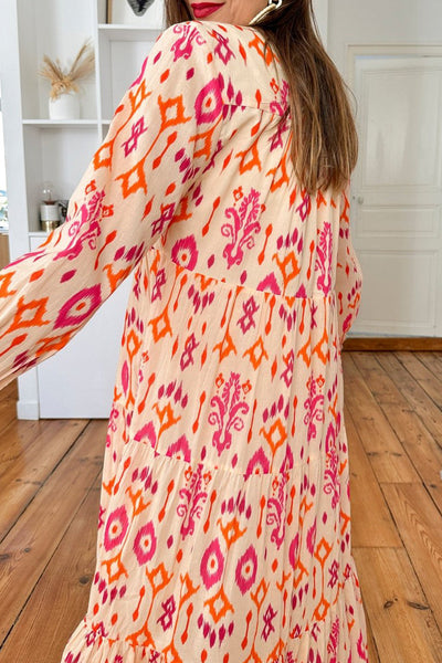 Stylish Women's Orange Geometric Print Maxi Dress - Flattering Western-Inspired Summer Outfit for Effortless Elegance