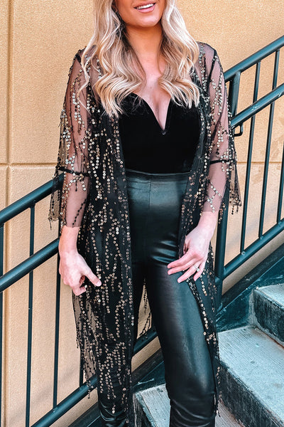 Women's Black Sequin Sheer Long Sleeve Open Front Kimono