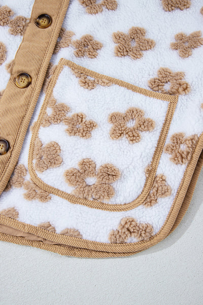 Women's Cozy Casual Light Beige Fleece Jacket with Floral Pattern and Button-Up Design for Effortless Style