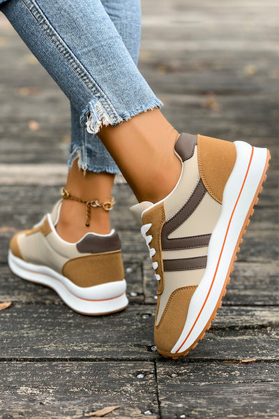 Women's Camel and Coffee Color Block Lace-Up Sneakers