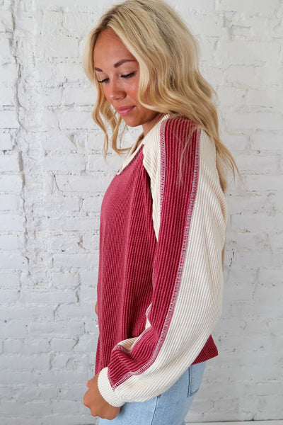 Trendy Women's Long Sleeve Twisted Ribbed Color Block Top in Racing Red - Comfortable Fit for Chic Outfits