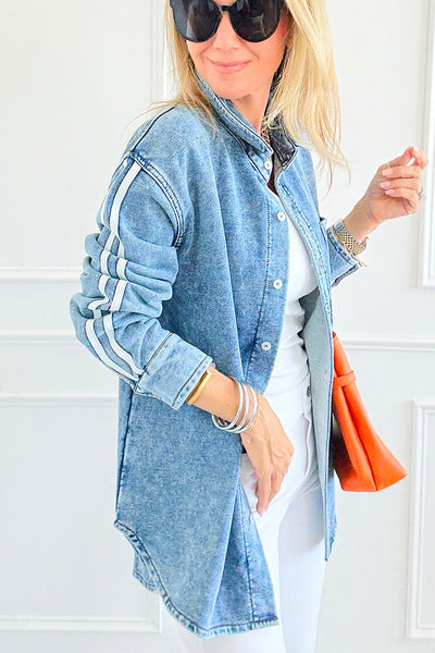 Stylish Women's Casual Blue Denim Jacket with Varsity Striped Sleeves and Button-Down Collar for Trendy Everyday Wear