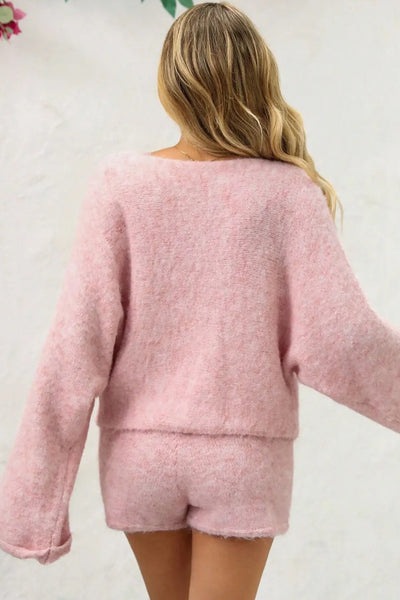 Cozy Women's Pink Baggy Sweater with Braided Bow Detail & Round Neck Stylish Knitwear for All Seasons