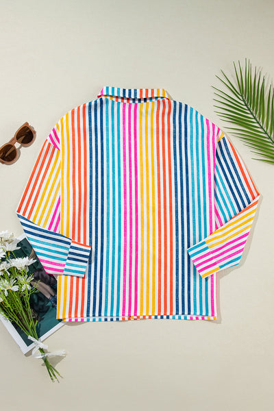 Trendy Women's Orange Striped Loose-Fit Drop Shoulder Shirt - Casual Multicolor Top for Effortless Everyday Style