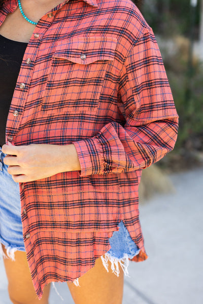 Trendy Women's Red Plaid Long Sleeve Shirt with Side Split and Distressed Hem for Casual Chic Style