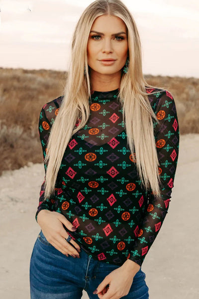 Vibrant Women's Western Print Top - Stylish Relaxed Fit for Casual Everyday Outings and Trendy Looks