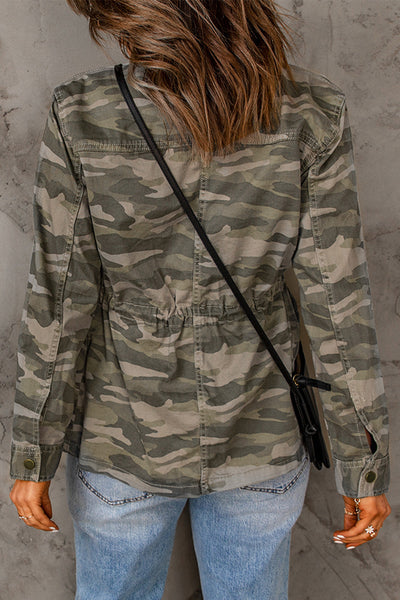 Women's Green Camouflage Print Utility Jacket with Button Closure and Multiple Pockets