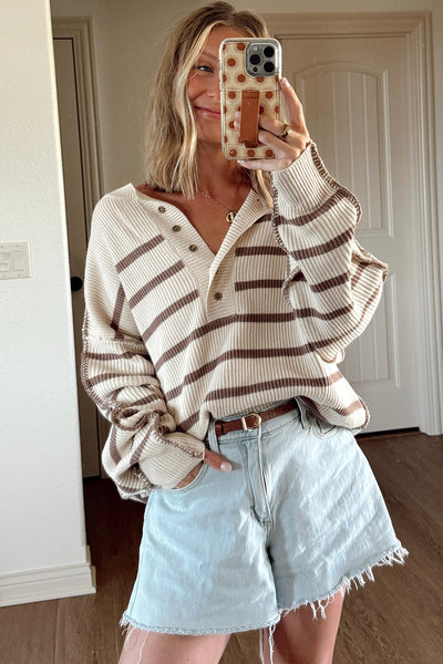 women's loose fit khaki stripe henley sweater with exposed seams and patchwork drop shoulders for effortless style made for easy styling and wardrobe