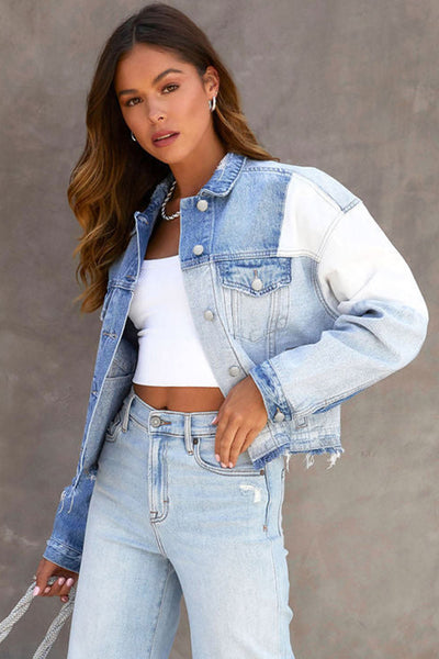 Women's Casual Sky Blue Color Block Denim Jacket with Frayed Hem & Unique Patchwork Design for Effortless Style