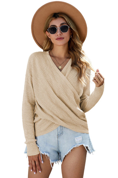 Cozy Women's Apricot V-Neck Wrap Sweater - Stylish Waffle Knit Top for Comfortable Everyday Wear