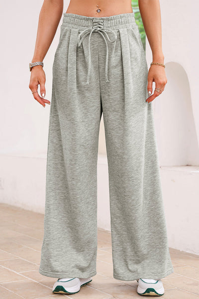 Women's Heather Gray Wide-Leg Cotton Blend Drawstring Sweatpants