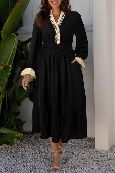 Women's Black Leopard Contrast Ruffle Midi Dress with Smocked Waist