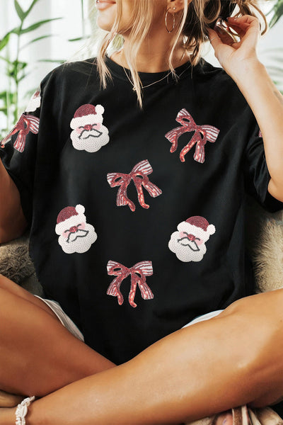 Women's Sequined Santa and Bow Festive Cotton-Blend T-Shirt with practical styling and dependable silhouette control.