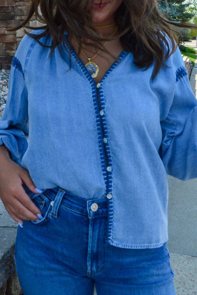 Chic Women's Beau Blue Chambray Button-Down Shirt with V-Neck, Long Sleeves, and Stylish Stitched Detail
