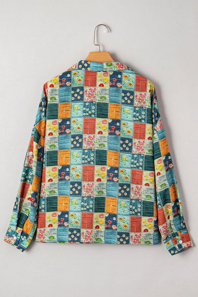 Women's Patchwork Floral Print Long Sleeve V-Neck Blouse