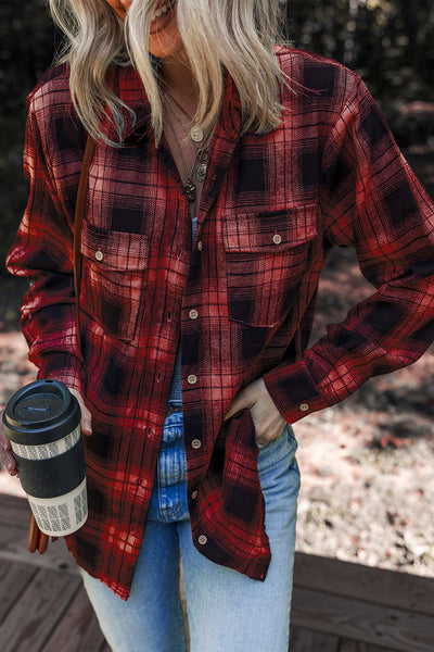 Cozy Women's Red Retro Plaid Shacket with Double Flap Pockets - Perfect Layering Piece for a Chic Fall Look