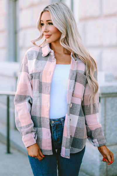 Women's Versatile Pink and Gray Plaid Color Block Long Sleeve Jacket with Pockets - Stylish Outerwear for Every Occasion
