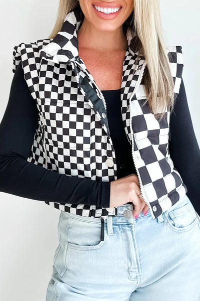 Women's Black Checkerboard Zip-Up Vest with Stand Collar and Snap Buttons  Stylish Layering Piece for All Seasons