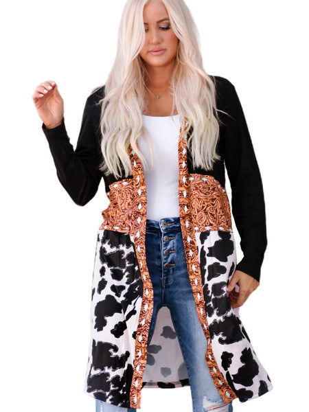 Cow Print Western Style Patchwork Cardigan