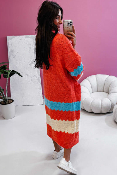 Chic Women's Orange Color Block Long Cardigan with Side Pockets - Cozy Open Front Layer for Effortless Style