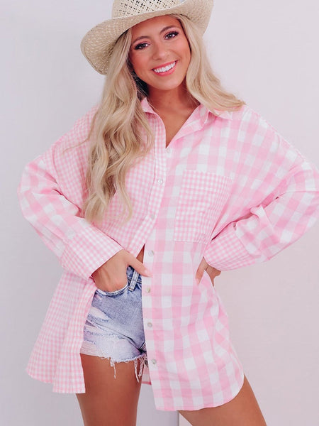 Pink Patchwork Plaid Button-Up Shirt