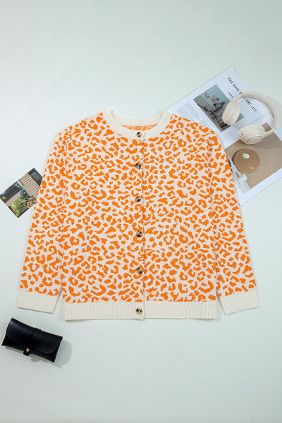 Cozy Women's Orange Leopard Print Chunky Knit Cardigan Sweater with Drop Shoulders for Stylish Fall Layering