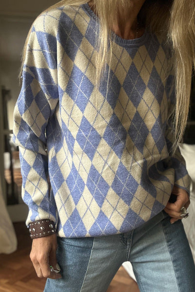 Cozy Women's Purple Checkered Colorblock Sweater Top with Round Neck for Trendy Fall Fashion