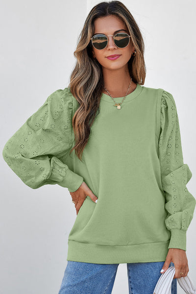 Casual Chic Women's Mist Green Solid Patchwork Sweatshirt - Long Sleeve Round Neck Top for Everyday Comfort