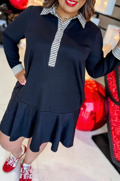 Plus Size Women's Black Striped Polo Dress with Ruffle Hem - Trendy Long Sleeve Style for Effortless Chic Look