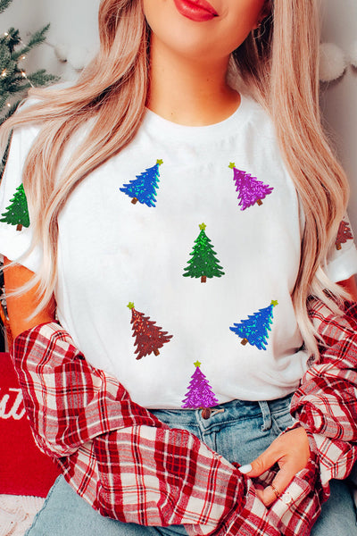 Women's Sequined Christmas Tree Graphic Tee with Rolled Cuffs