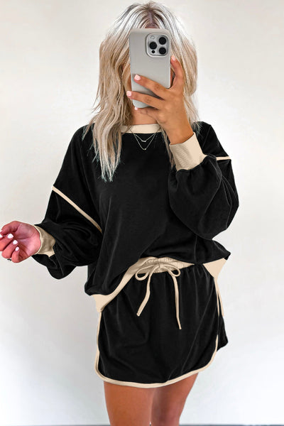 Stylish Women's Black Contrast Pullover & Lace-Up Waist Skort Set for Effortless Casual Elegance and Comfortable Fit
