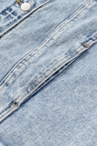 Women's Sky Blue Lapel Distressed Raw Hem Buttons Denim Jacket