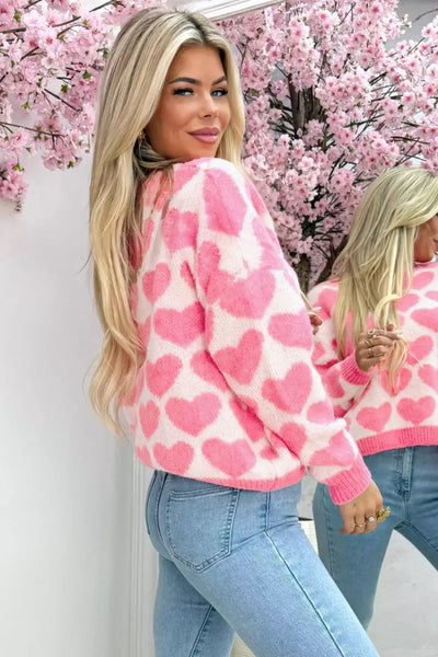 Women's Strawberry Pink Heart Print Knit Sweater | Drop Shoulder Top